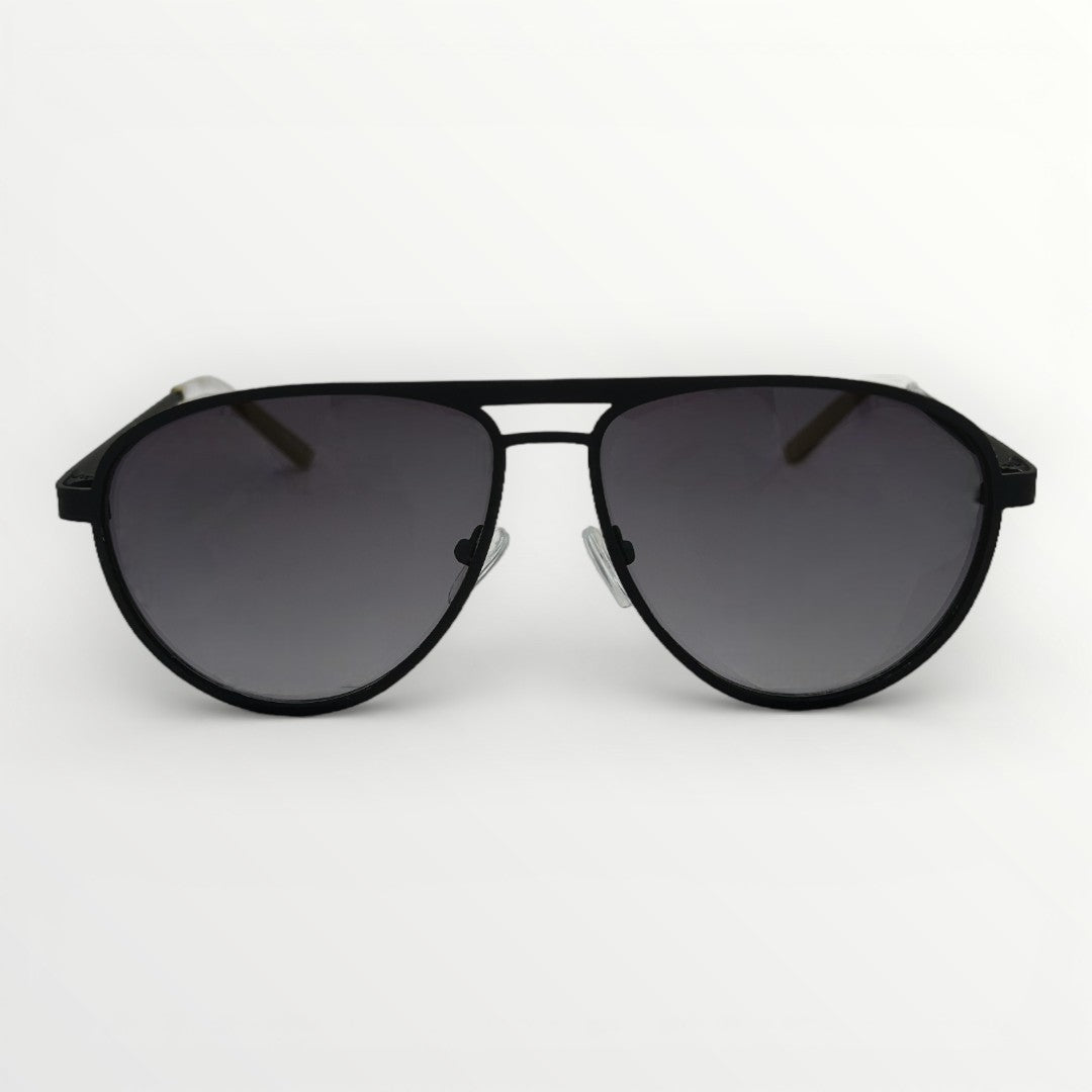 Black sunglasses with dark lenses on a white background