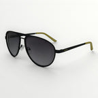 Black sunglasses with gold accents on a white background