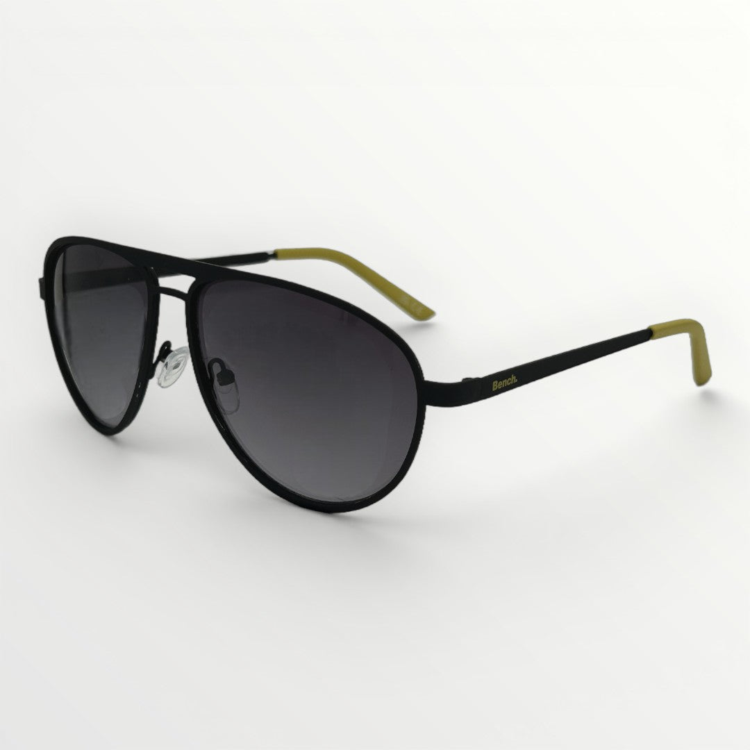 Black sunglasses with gold accents on a white background