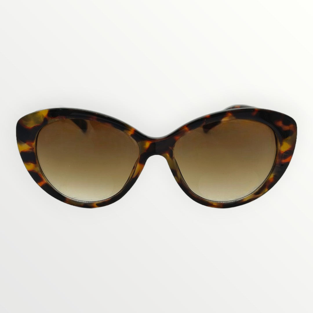 Sunglasses with tortoiseshell frame and brown lenses on a white background