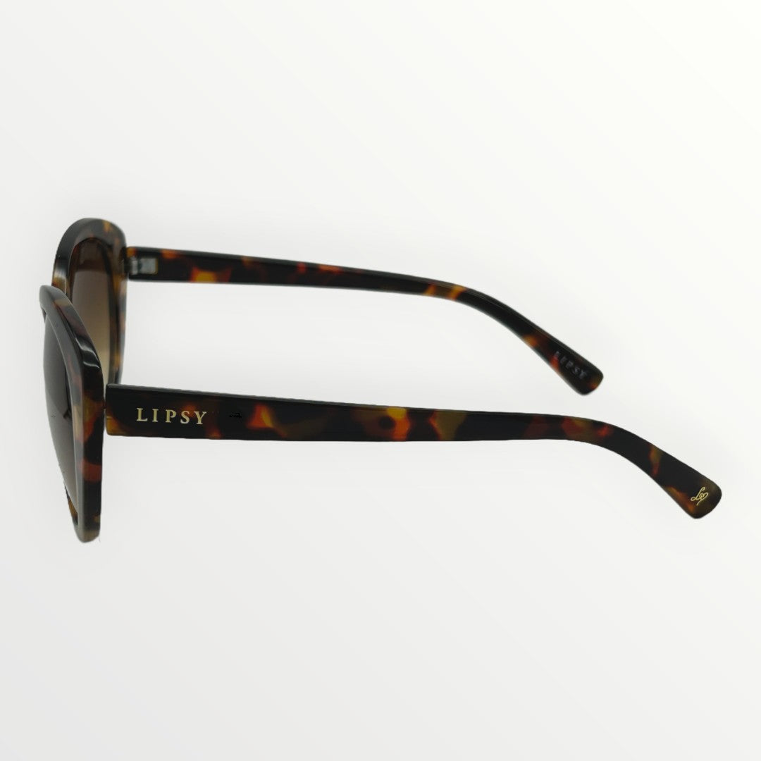 Sunglasses with tortoiseshell frame and 'Lipsy' branding on a white background