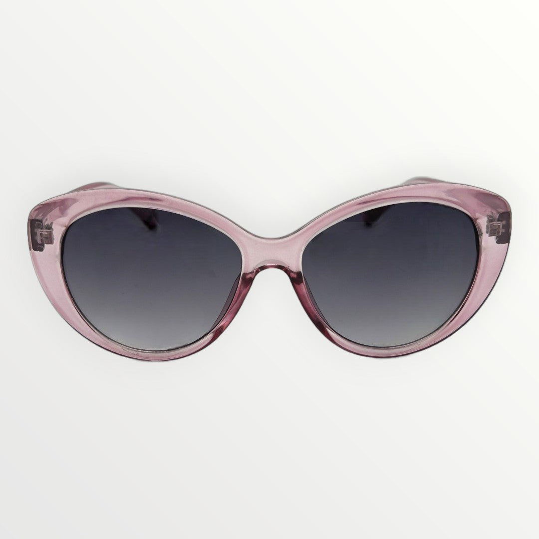 Pink sunglasses with dark lenses on a white background
