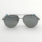 Aviator style sunglasses with gray lenses on a white background