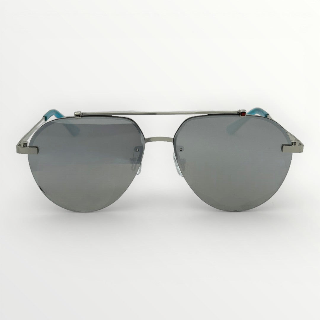 Aviator style sunglasses with gray lenses on a white background