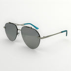 Sunglasses with a metallic frame and blue accents on a white background
