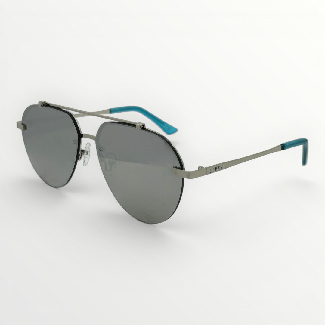 Sunglasses with a metallic frame and blue accents on a white background