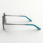 Eyeglasses with blue and silver frame on a white background
