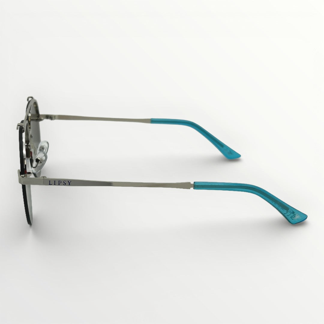 Eyeglasses with blue and silver frame on a white background