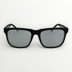 Black sunglasses with silver lenses on a white background