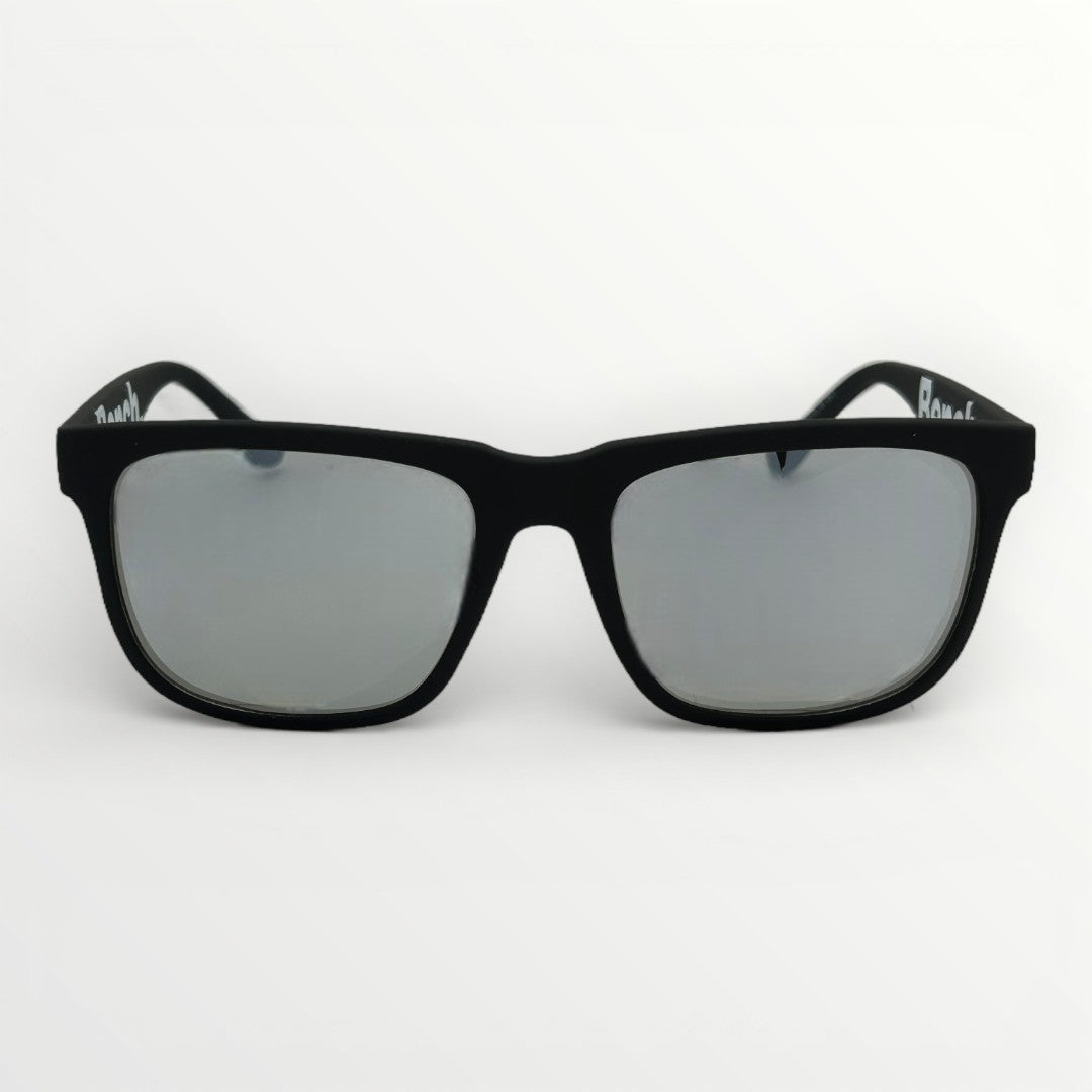 Black sunglasses with silver lenses on a white background