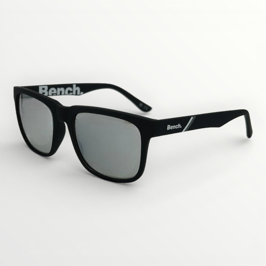 Black sunglasses with 'Bench' branding on a white background