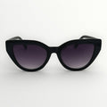 Black cat-eye sunglasses with gradient purple lenses on a white background