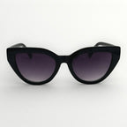 Black cat-eye sunglasses with gradient purple lenses on a white background