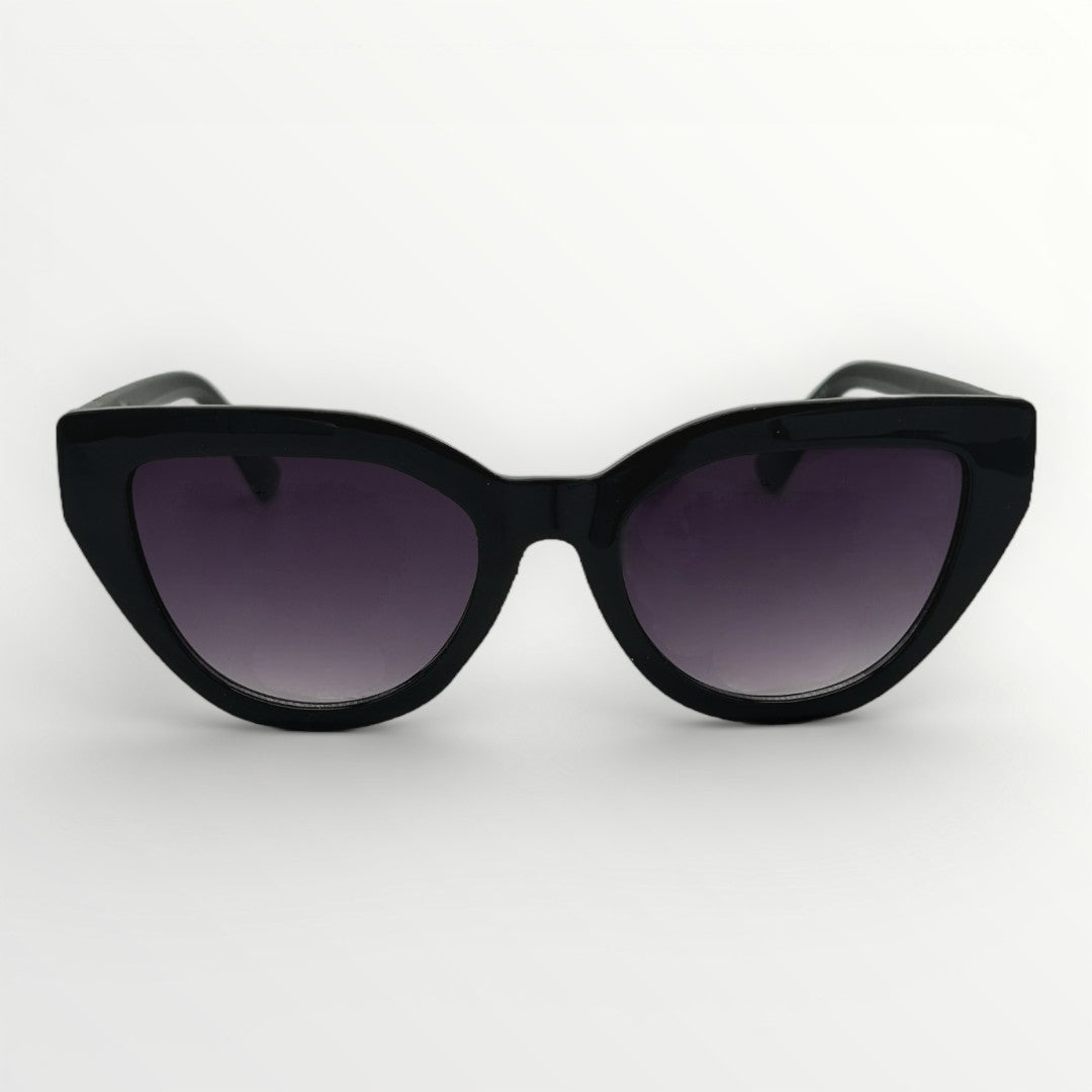 Black cat-eye sunglasses with gradient purple lenses on a white background