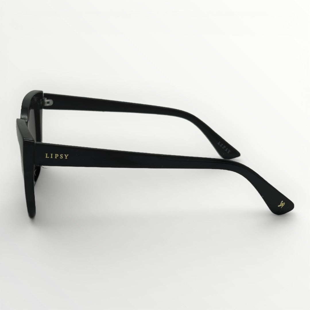 Black eyeglasses with 'Lipsy' branding on a white background