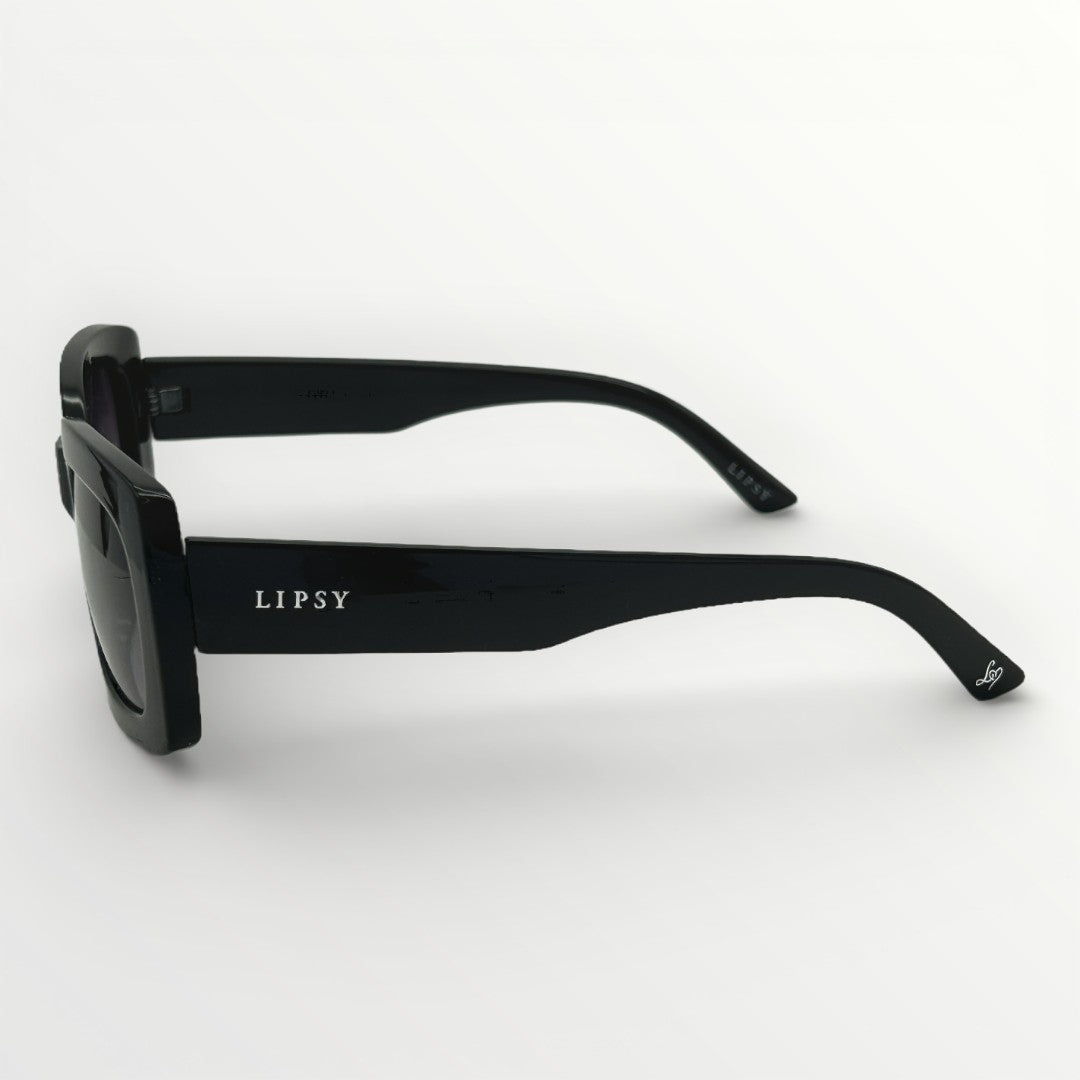 Black sunglasses with 'Lipsy' branding on a white background