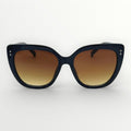 Sunglasses with black frame and brown gradient lenses on a white background