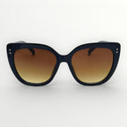 Sunglasses with black frame and brown gradient lenses on a white background