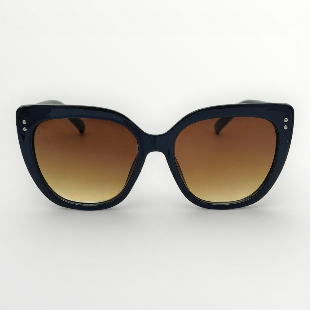 Sunglasses with black frame and brown gradient lenses on a white background