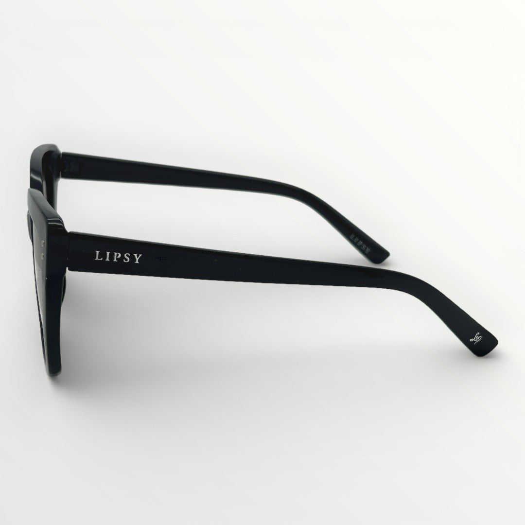 Black sunglasses with 'Lipsy' branding on a white background
