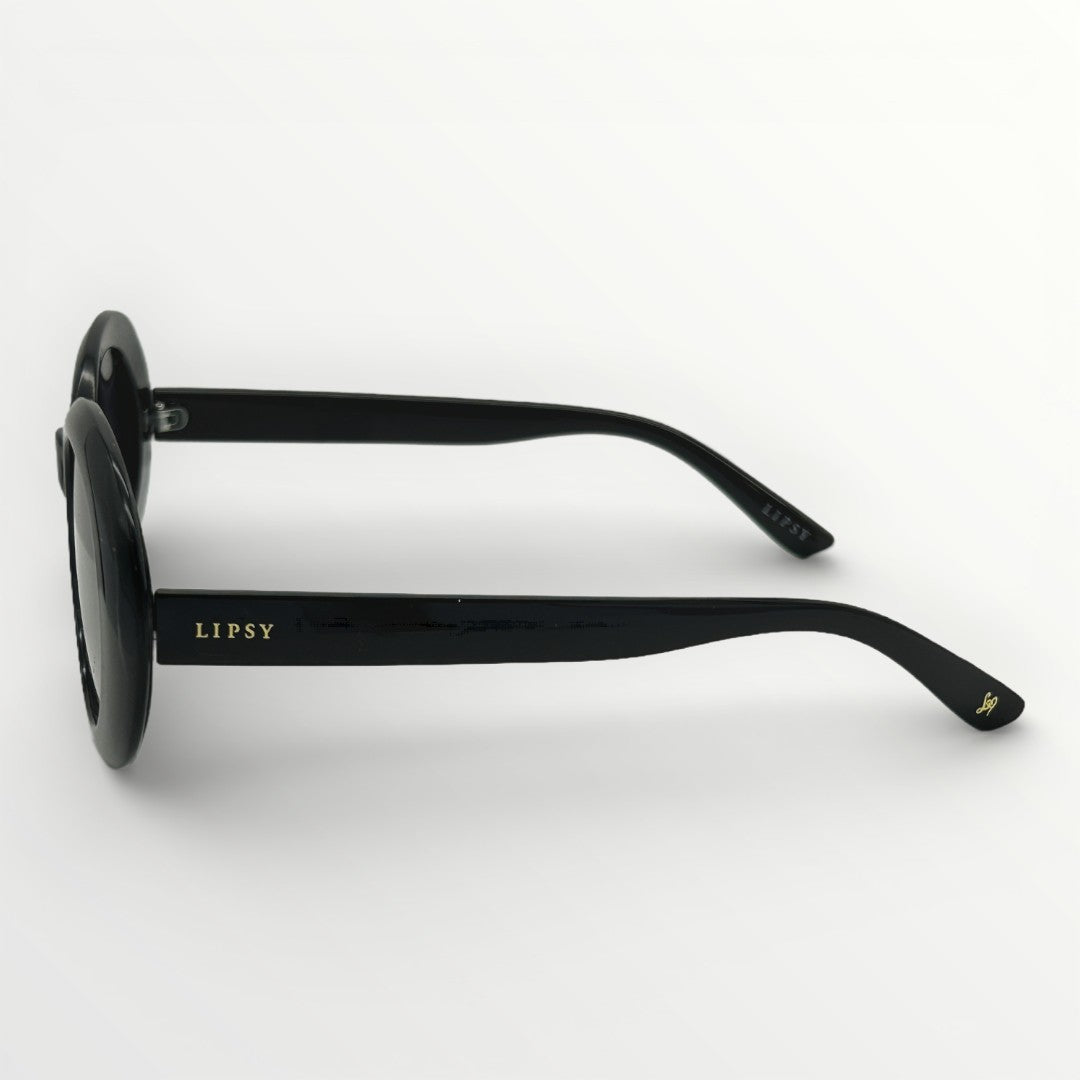 Black sunglasses with 'Lipsy' branding on a white background