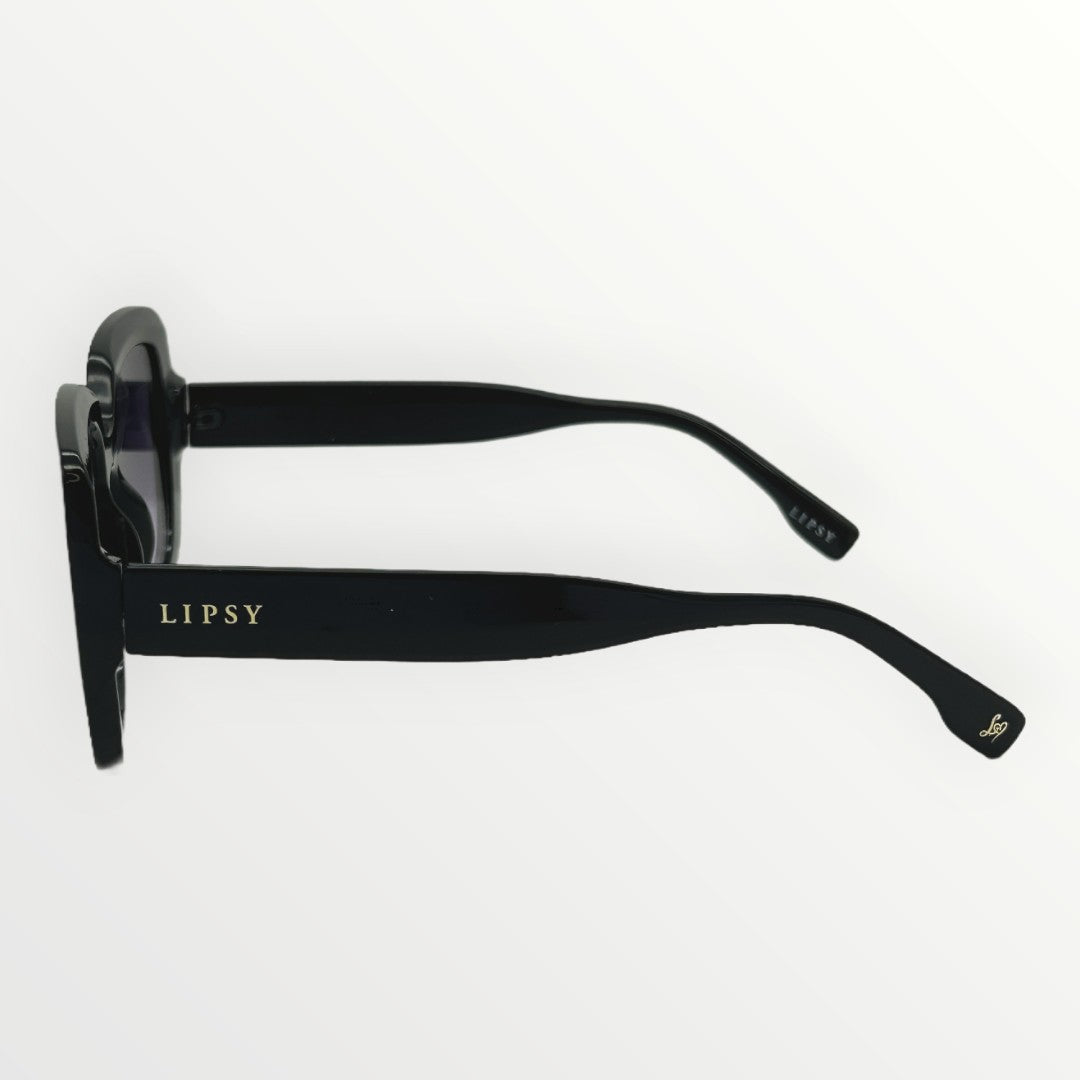 Black sunglasses with 'Lipsy' branding on a white background