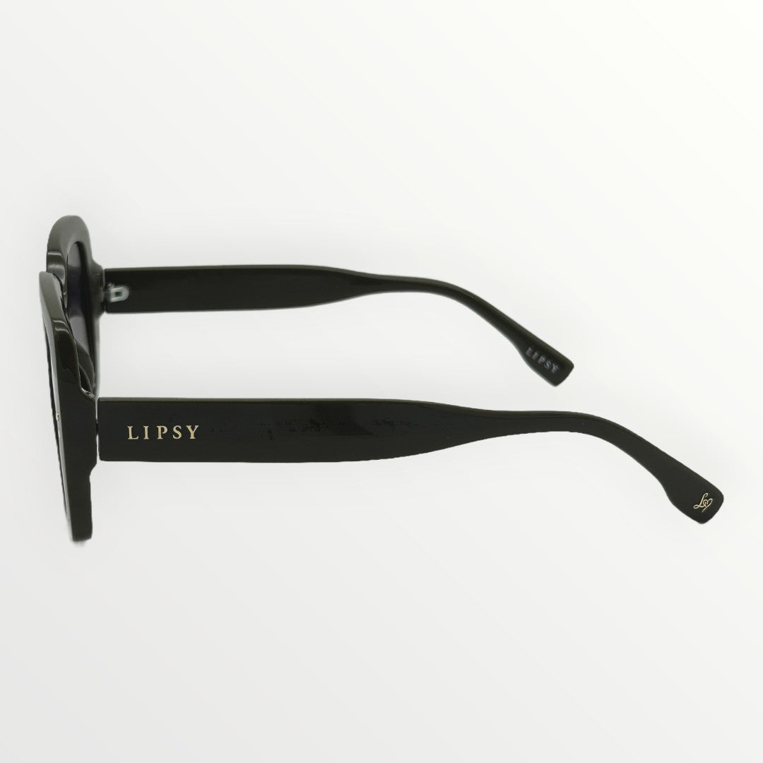 Black sunglasses with 'Lipsy' branding on a white background