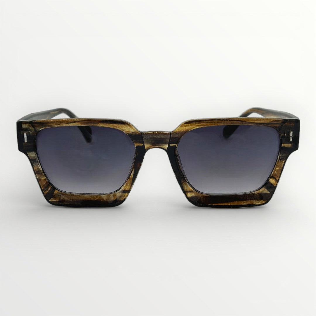 Sunglasses with tortoiseshell frame and dark lenses on a white background