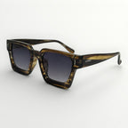 Sunglasses with tortoiseshell frame and dark lenses on a white background