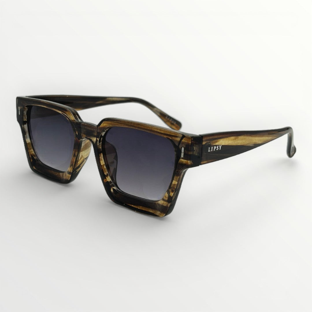 Sunglasses with tortoiseshell frame and dark lenses on a white background