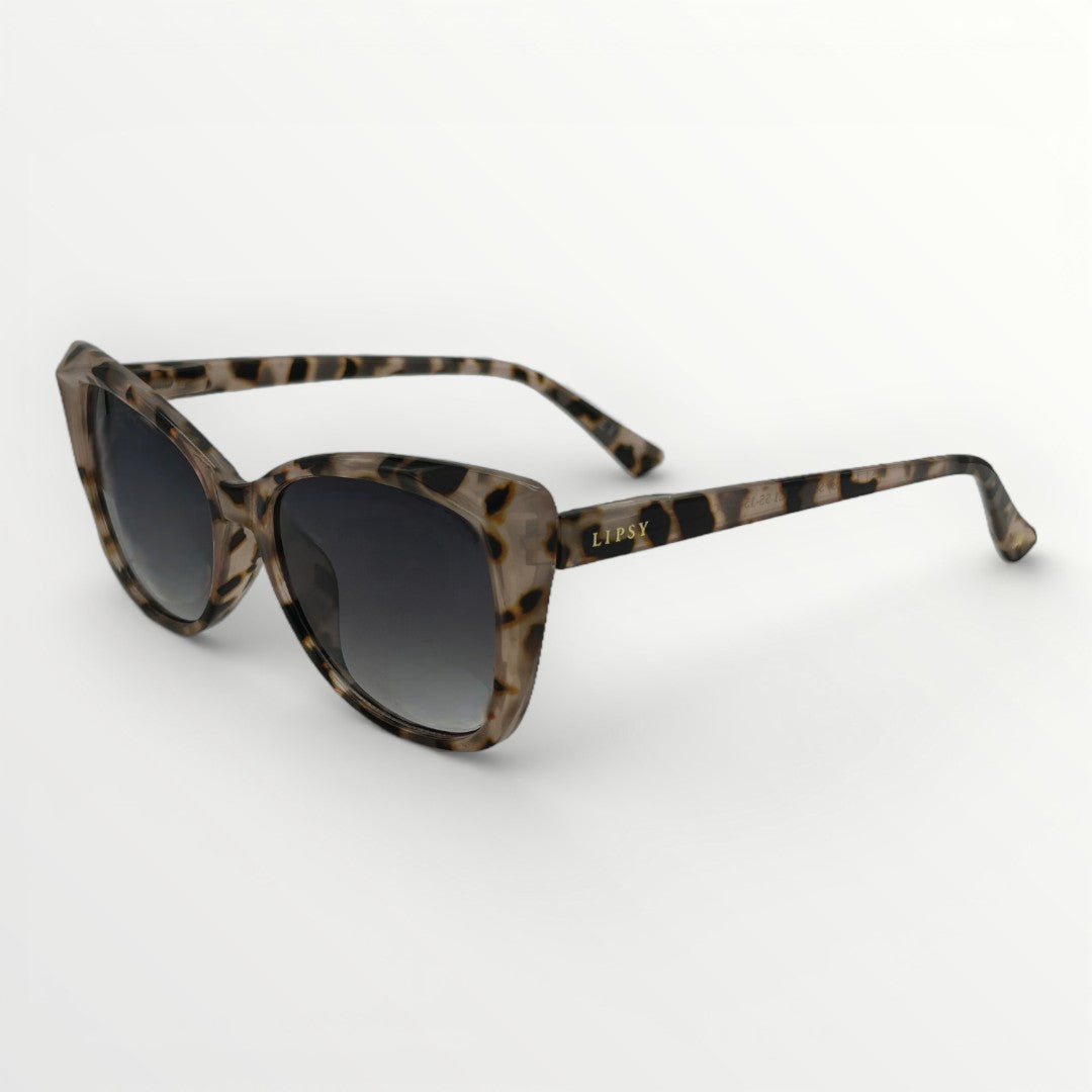 Sunglasses with tortoiseshell frame and dark lenses on a white background