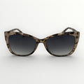 Sunglasses with tortoiseshell frame and dark lenses on a white background