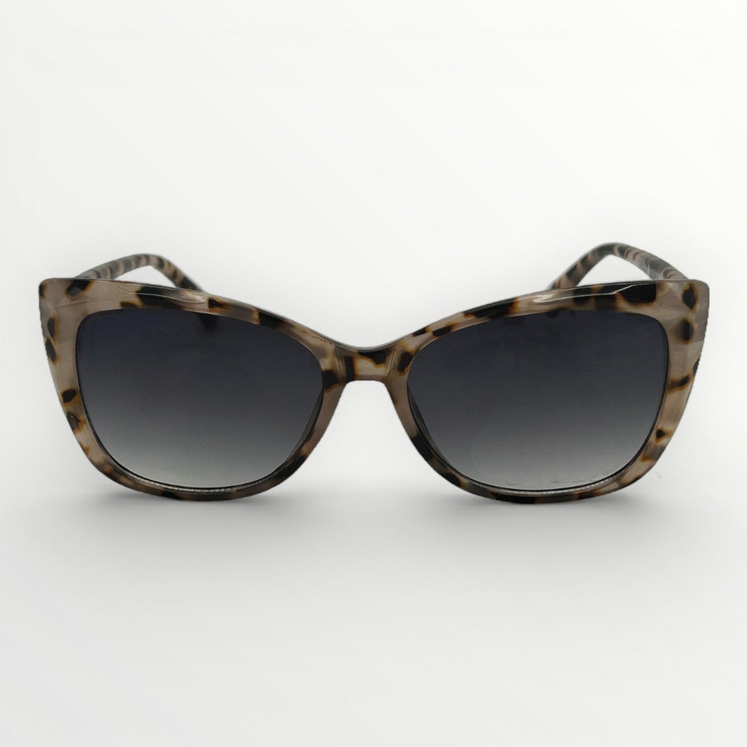 Sunglasses with tortoiseshell frame and dark lenses on a white background