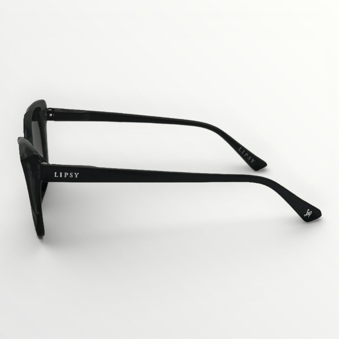 Black sunglasses with 'Lipsy' branding on a white background