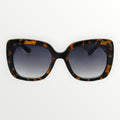 Sunglasses with tortoiseshell frame and dark lenses on a white background