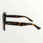 Sunglasses with tortoiseshell frame and 'LIPSY' branding on a white background