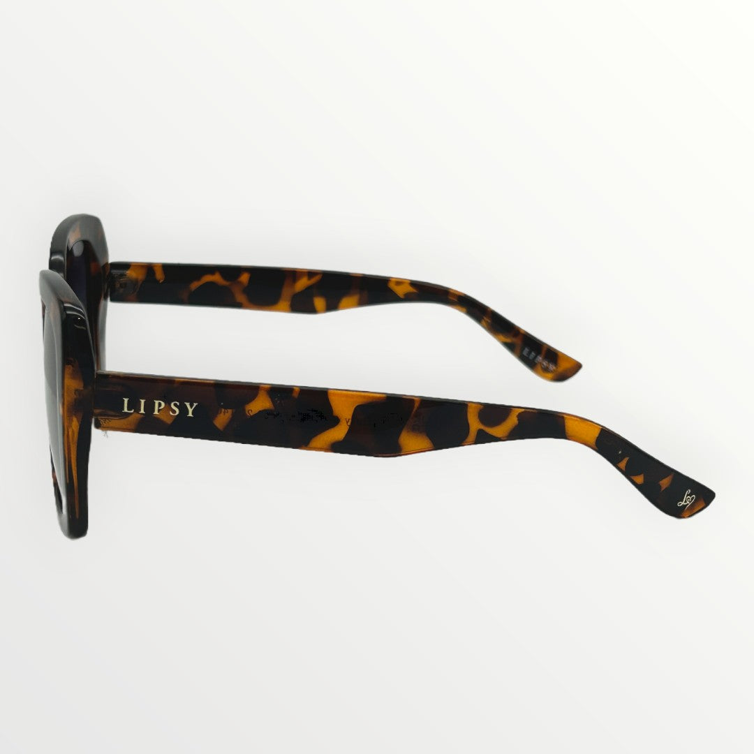 Sunglasses with tortoiseshell frame and 'LIPSY' branding on a white background