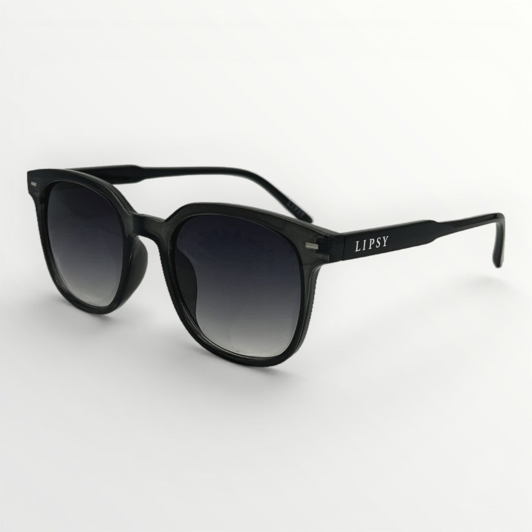 Black sunglasses with 'Lipsy' branding on a white background