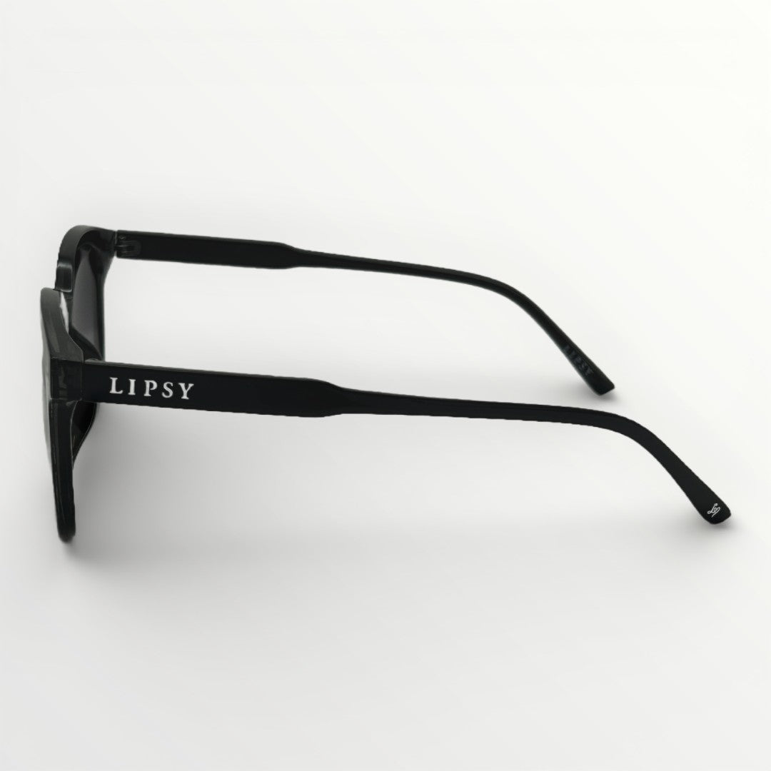 Black sunglasses with 'Lipsy' branding on a white background