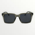 Sunglasses with dark lenses and a greenish-brown frame on a white background