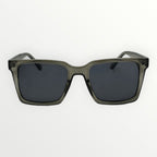 Sunglasses with dark lenses and a greenish-brown frame on a white background