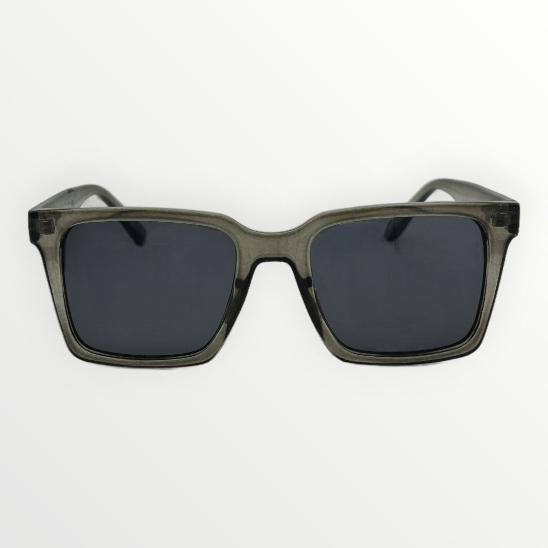 Sunglasses with dark lenses and a greenish-brown frame on a white background