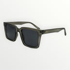 Sunglasses with a dark frame and black lenses on a white background
