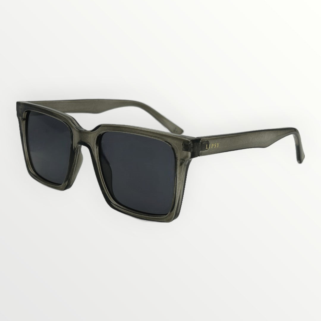 Sunglasses with a dark frame and black lenses on a white background