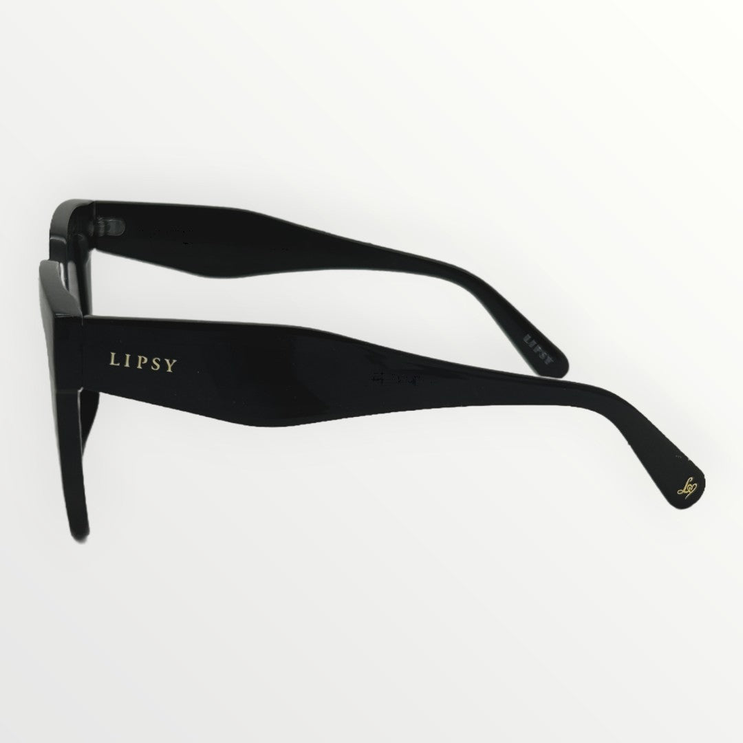 Black sunglasses with 'Lipsy' branding on a white background
