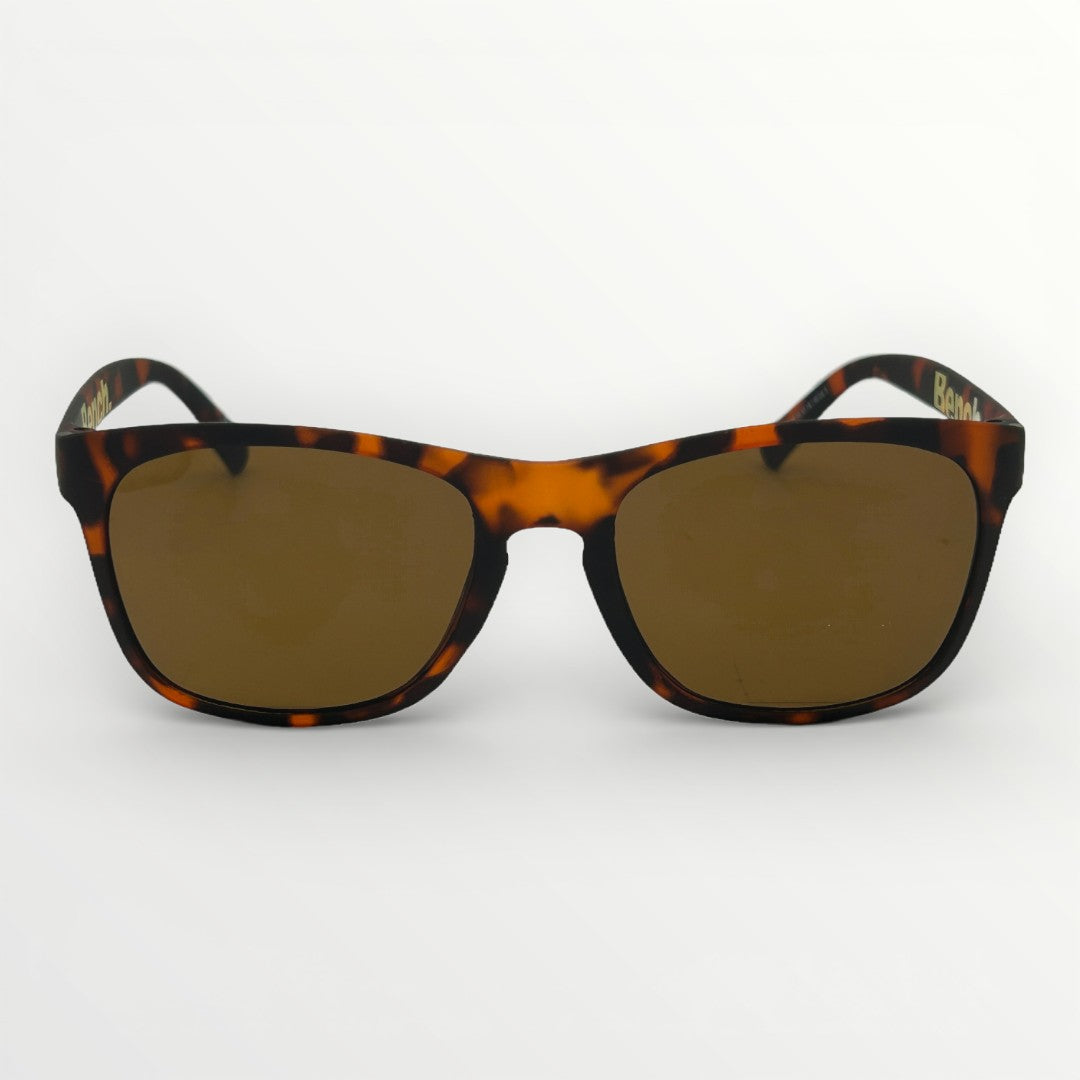 Sunglasses with tortoiseshell frame and brown lenses on a white background