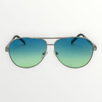 Aviator sunglasses with blue gradient lenses on a white background
