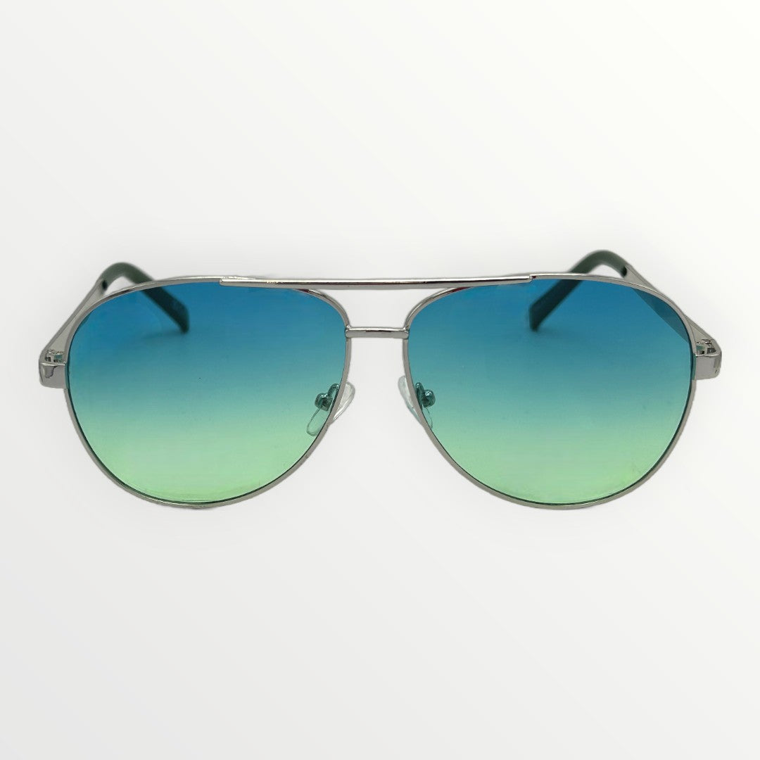 Aviator sunglasses with blue gradient lenses on a white background