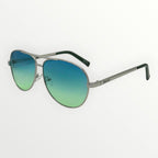 Aviator sunglasses with green gradient lenses on a white background