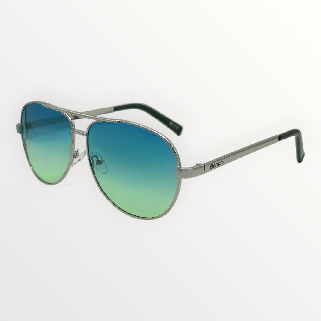 Aviator sunglasses with green gradient lenses on a white background